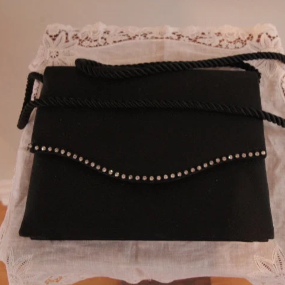 1990's Black Lord and Taylor Handbag with Rhinestone Edging
